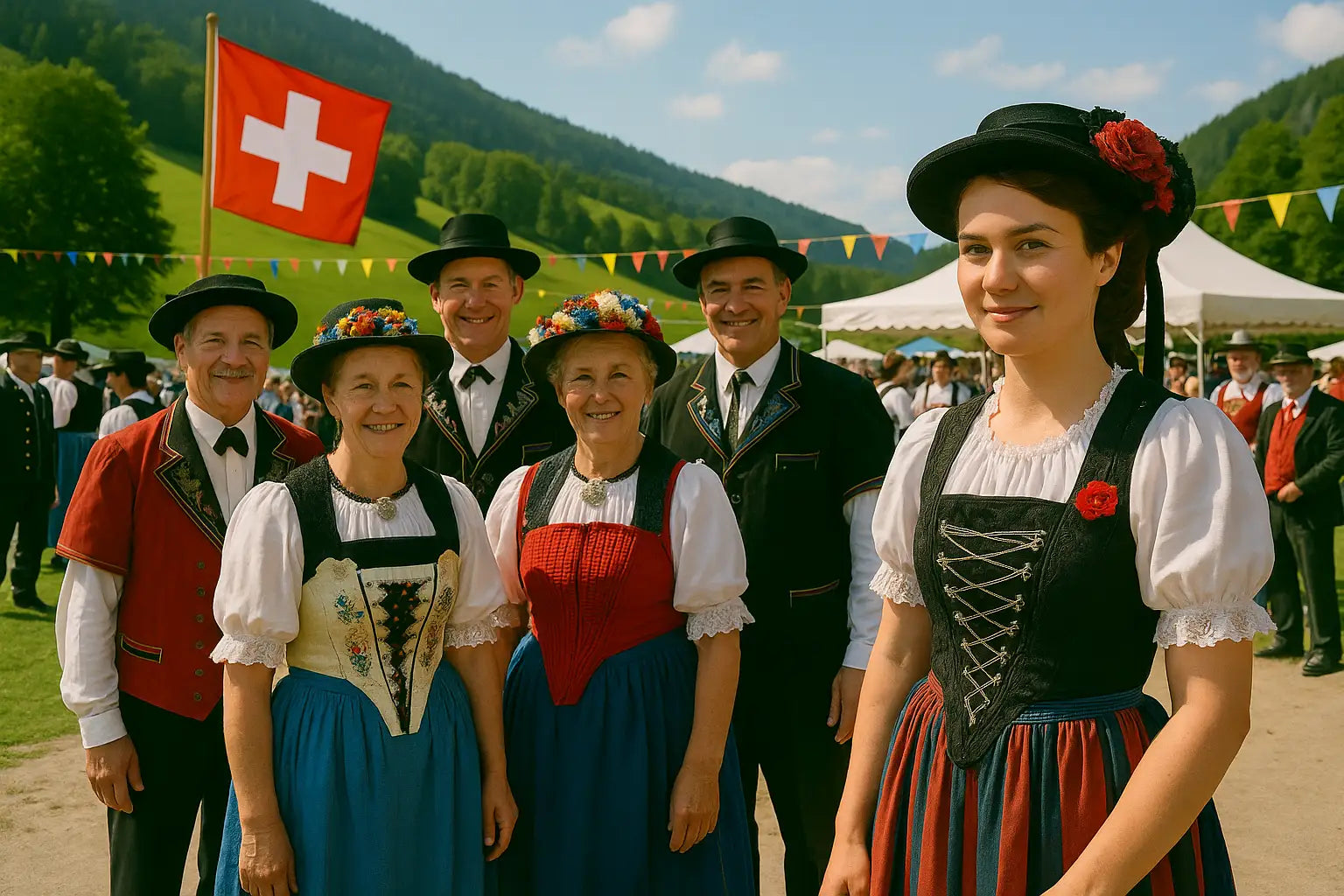 Menschen in Trachten stehen zusammen und feiern in gemütlicher Runde mit vielen Menschen im Hintergrund.