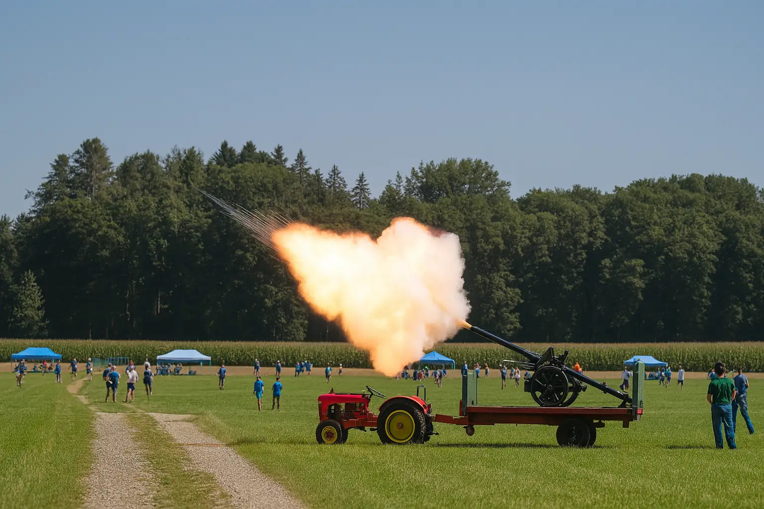 Traditionelles Schweizerisches Hornusserfest mit vielen Menschen und einer alten Kanone