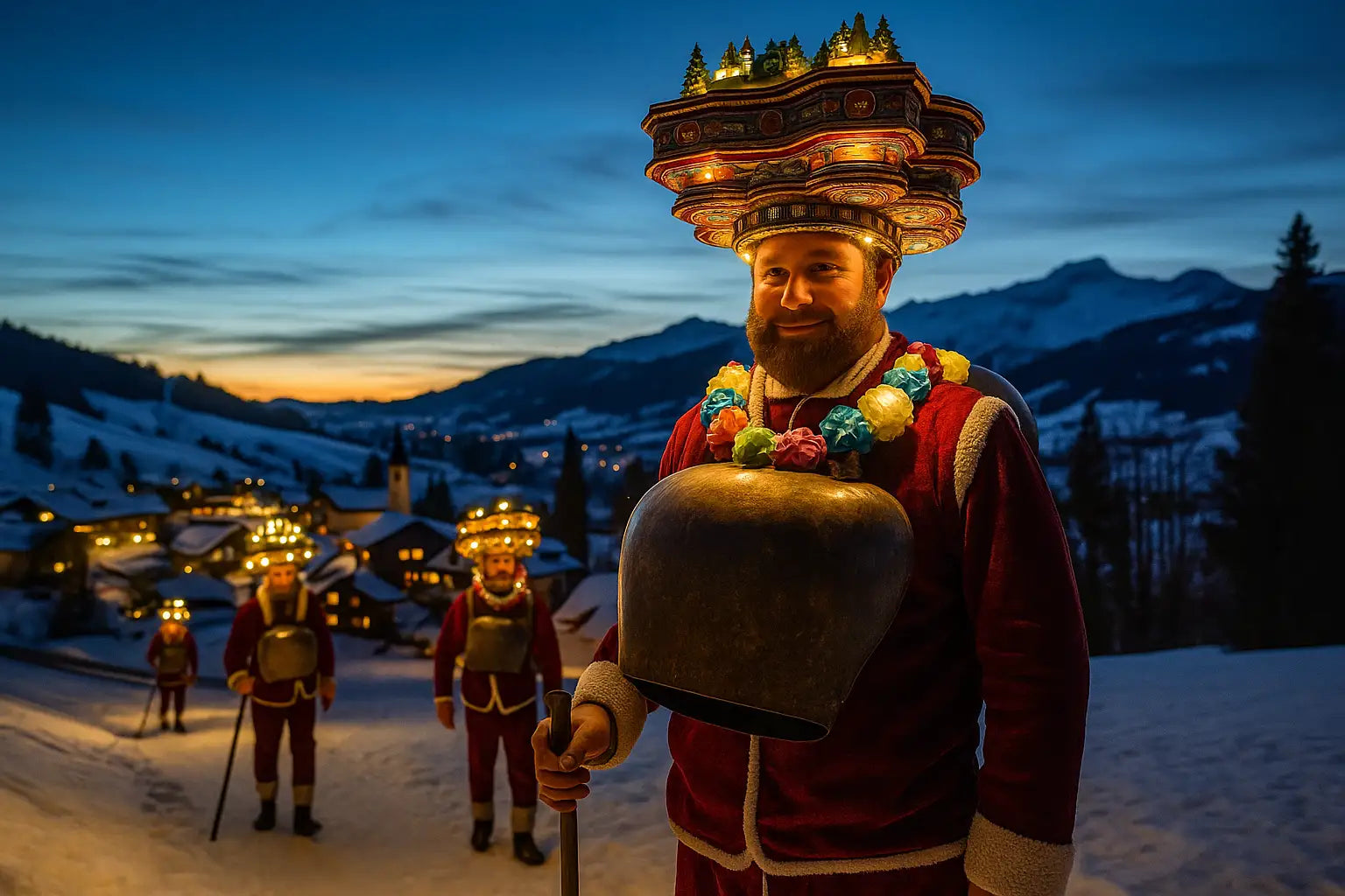 Silvesterchlaus in Appenzell mit geschmücktem Hut und grosser Glocke beim nächtlichen Umzug durch das verschneite Dorf