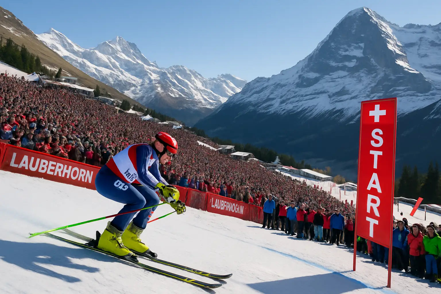 Internationale Ski-Elite misst sich bei der klassischen Lauberhornabfahrt vor malerischer Alpenkulisse.