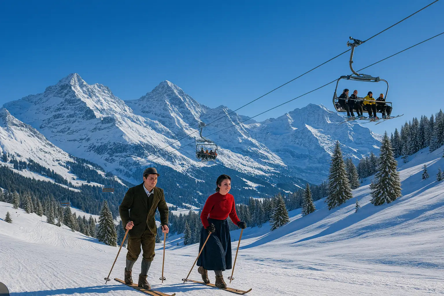 Paar in Traditioneller Ski-bekleidung und Traditionellen alten Holz-Ski fahren Ski in den verschneiten Schweizer Alpen.