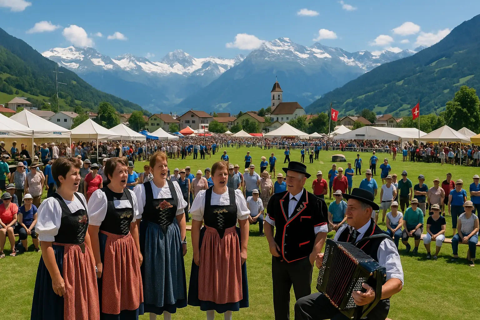 Chor von Jodlern tritt in Tracht vor einer Bergkulisse auf.
