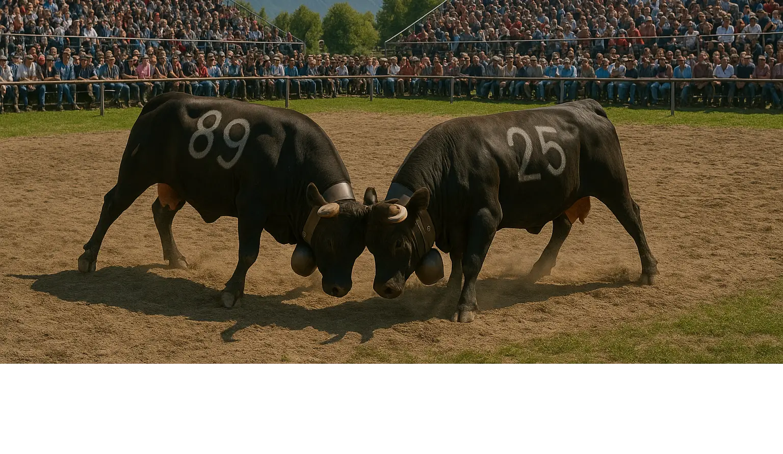 Zwei Eringer Kühe stoßen auf einem Festplatz kraftvoll mit den Köpfen zusammen.
