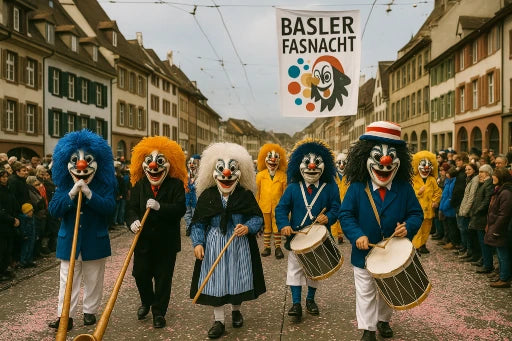 Zahlreiche Trommler und Piccolospieler gehen in Reihen durch die Altstadtstraßen Basels.
