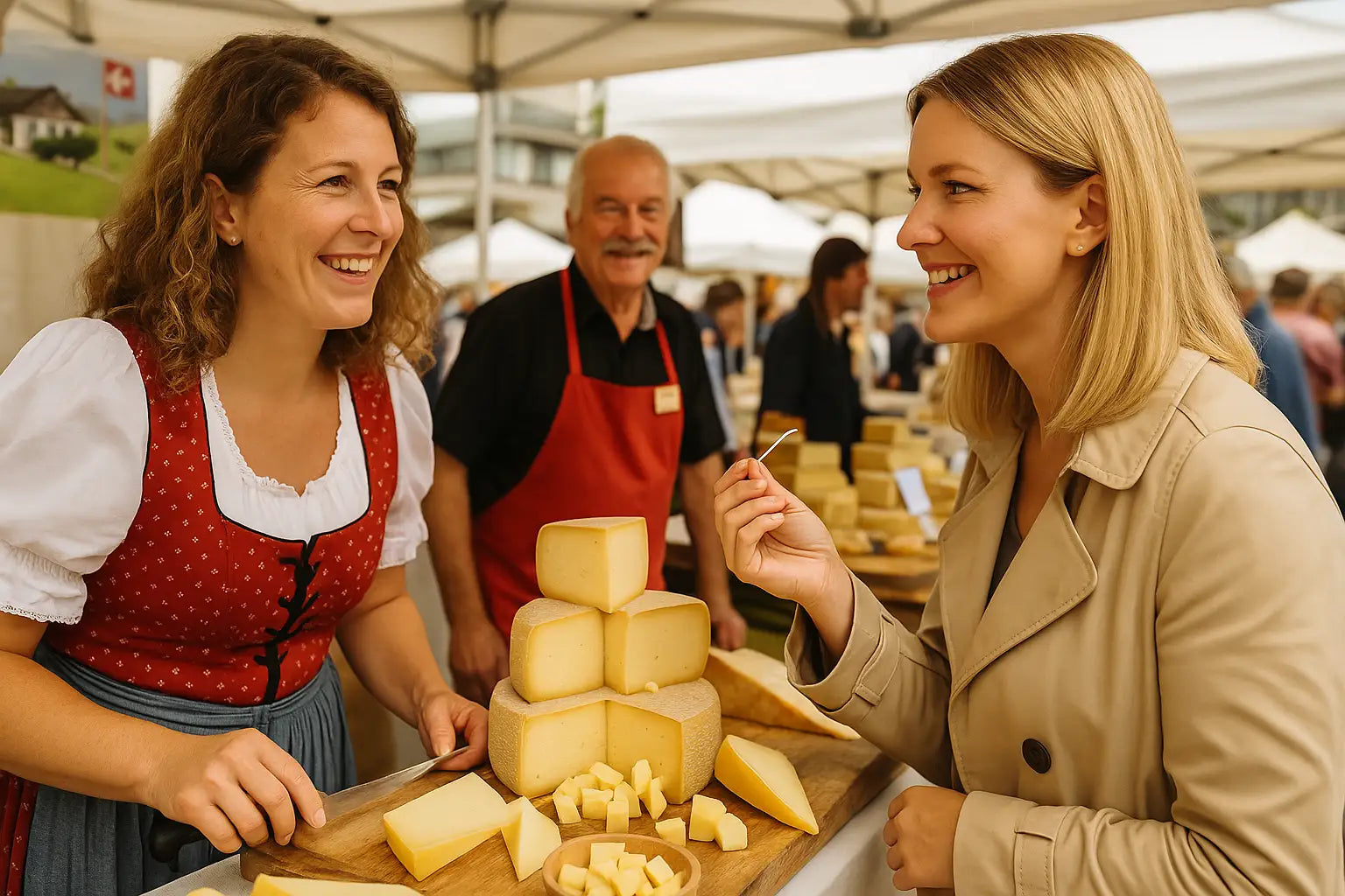 Frau bei einer Käseverkostung auf einem Käsemarkt in der Schweiz