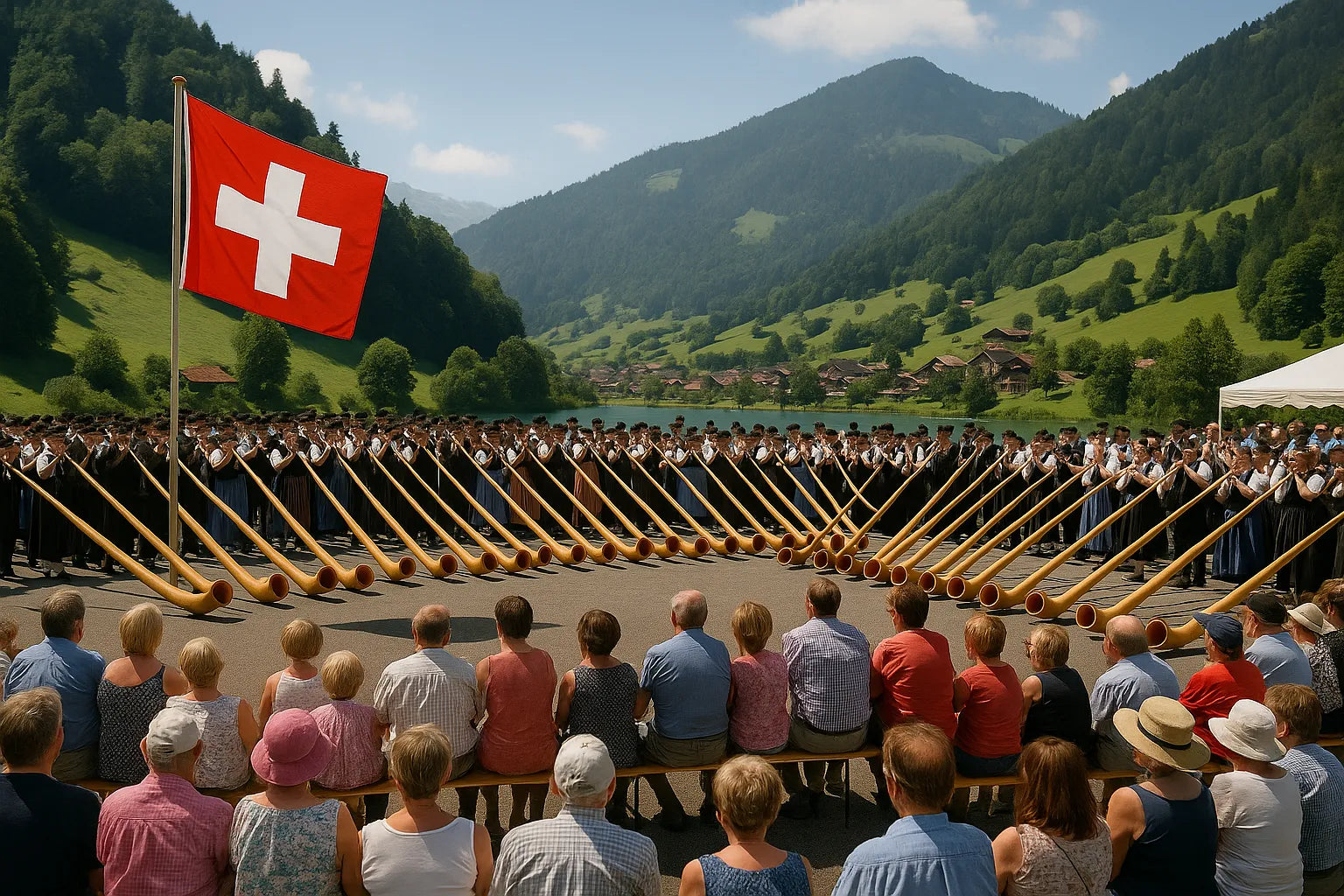 Musiker präsentieren Alphörner bei einer kulturellen Veranstaltung im Freien.