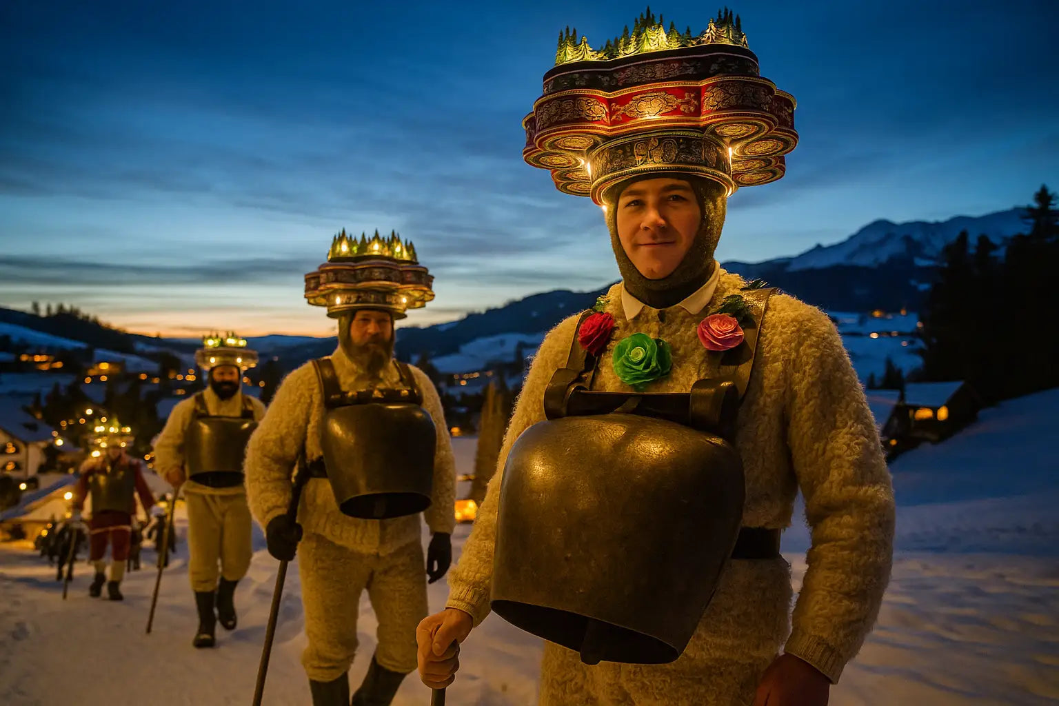 Gruppe von Silvesterchläusen mit leuchtenden Hüten und Glocken im verschneiten Appenzellerland bei Sonnenuntergang