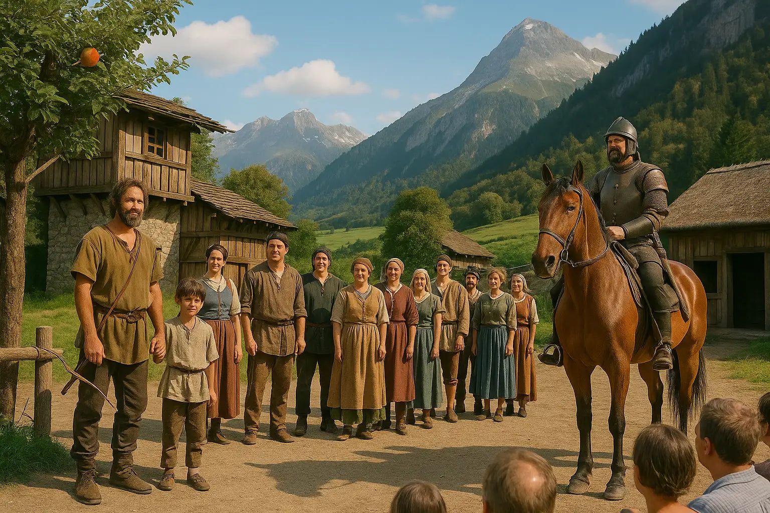 Kostümierte Tellspiel-Darsteller stellen sich nach ihrem Auftritt in Pose für ein Gruppenfoto.