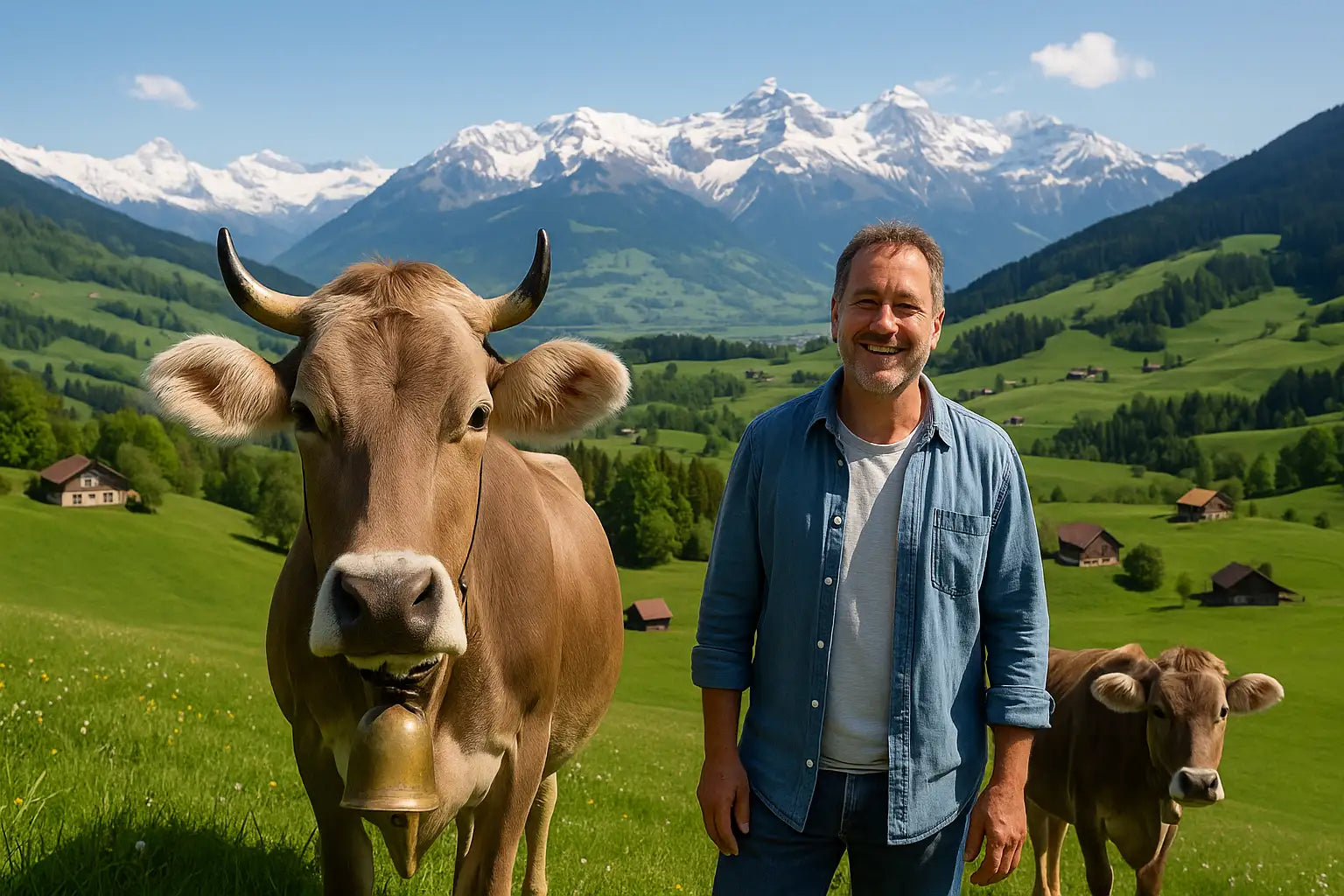 Bauer steht zwischen friedlichen Braunviehkühen auf einer grünen Blühenden Bergweide, im Hintergrund sind die verschneiten Alpen zu sehen.