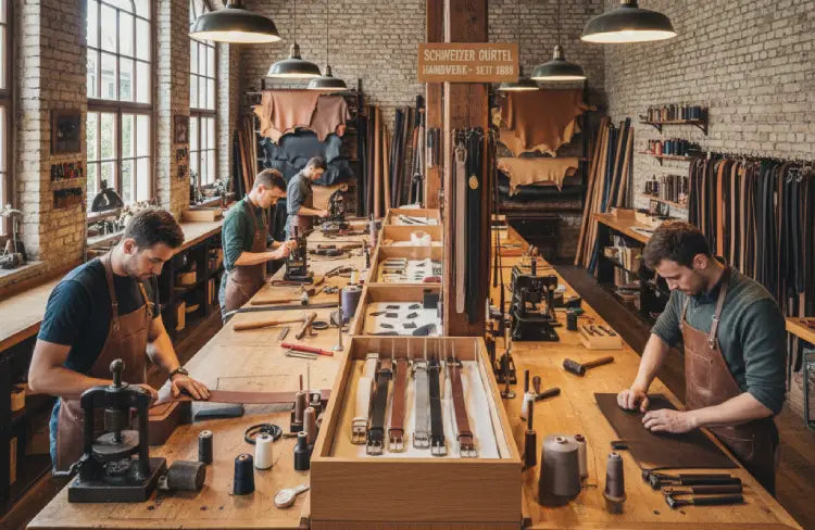 Handwerker fertigen Ledergürtel in der Edelvetica Manufaktur in der Schweiz, traditionelle Werkstatt mit Leder und Werkzeugen