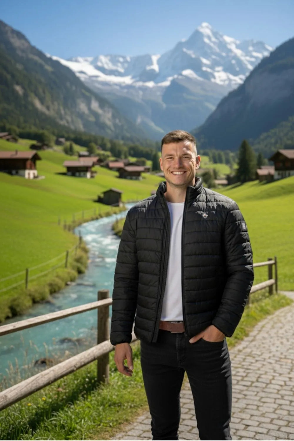 Mann trägt braunen Appenzeller Ledergürtel von Edelvetica mit schwarzer Jacke in alpiner Landschaft mit Fluss und Bergen