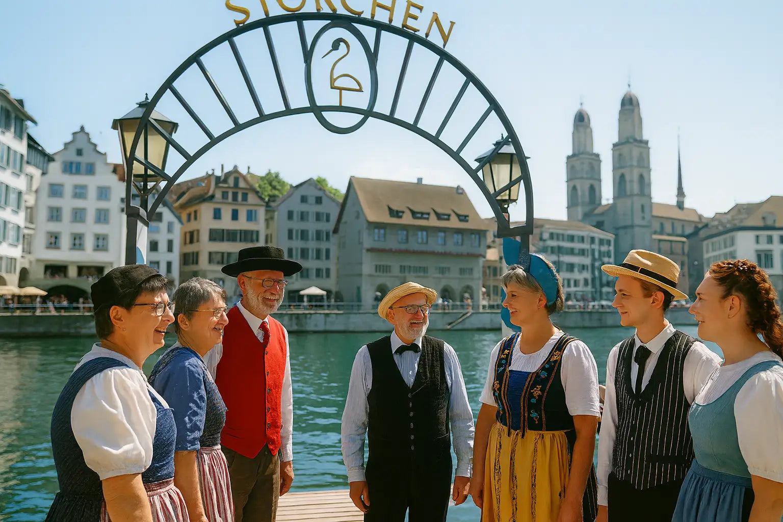 Männer und Frauen in Traditionellen Trachten stehen vor einem Fluss in der Schweiz