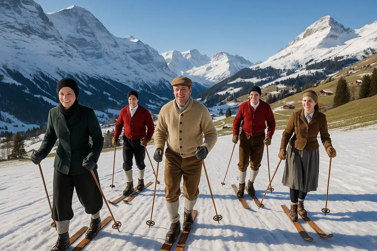 Wintersportler in alpenländischer Umgebung fahren auf traditionellen Holzskiern durch den Schnee.