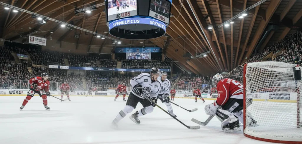 Eishockeyspieler kämpfen um den Puck beim Spengler Cup Davos, Toraktion in der Vaillant Arena mit jubelnden Zuschauern