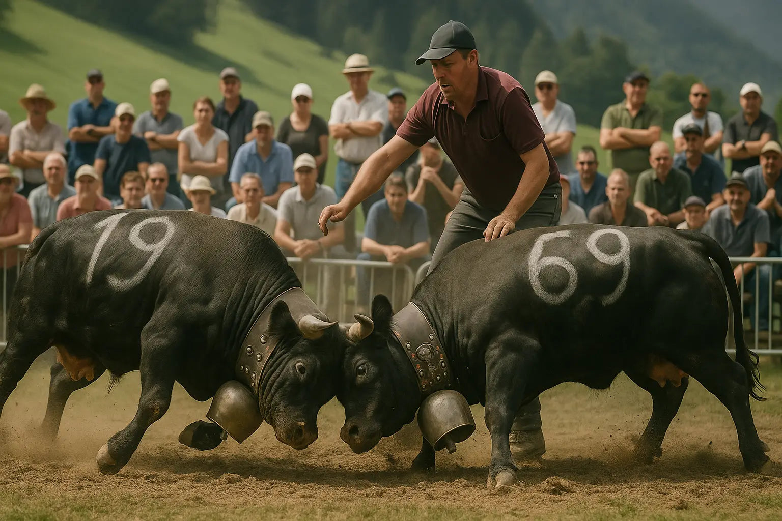 Bauer steht neben den kämpfenden Eringer Kühen und hält den Ablauf unter Kontrolle.