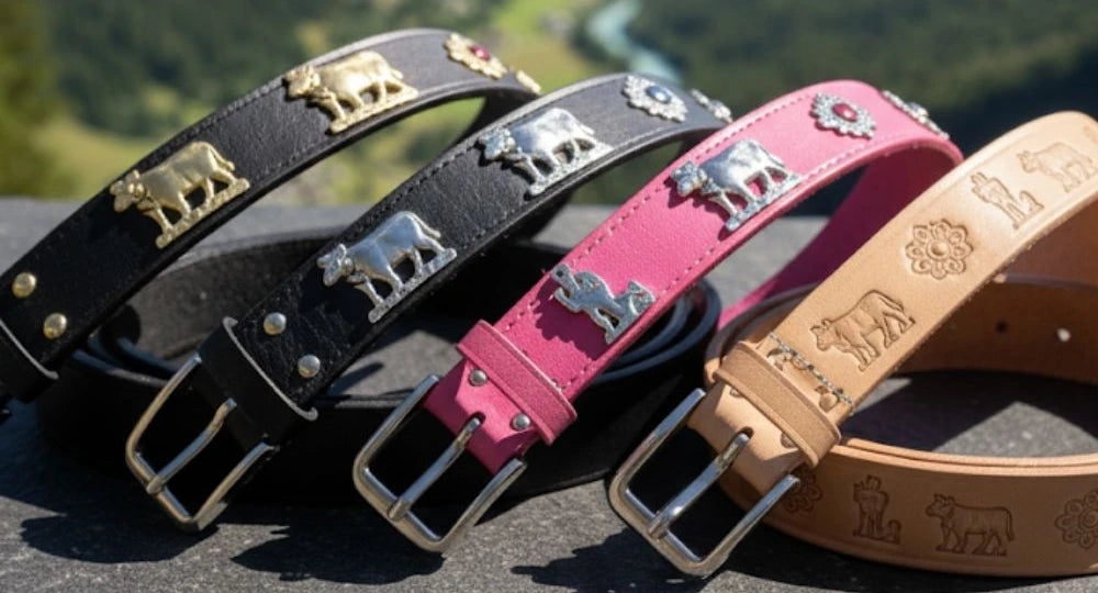 Vier Appenzeller Ledergürtel in Schwarz, Pink und Braun mit traditionellen Metallverzierungen, fotografiert mit Alpenlandschaft im Hintergrund