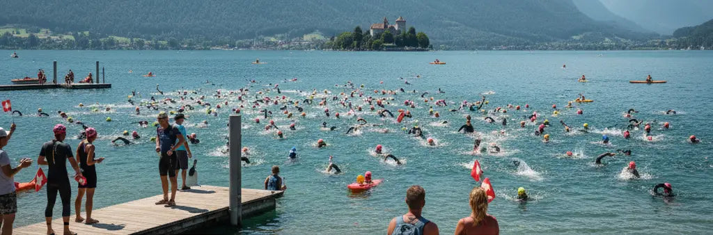 Teilnehmer springen beim Ironman Thunin den Thunersee, Sommer in den Bergen