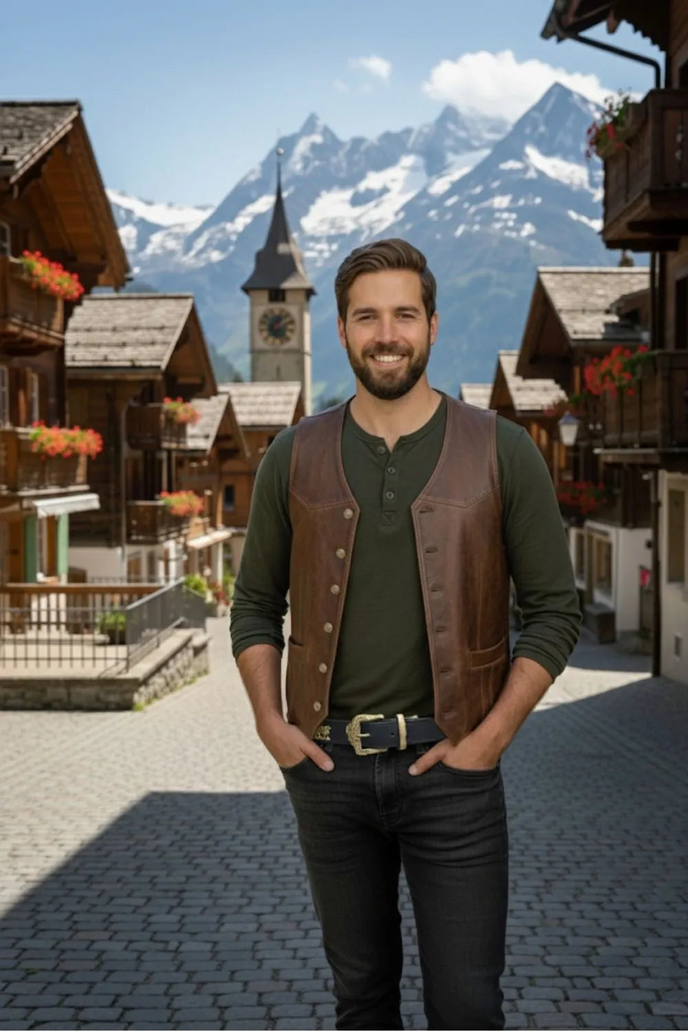 Mann trägt schwarzen Appenzeller Ledergürtel mit goldener Schnalle von Edelvetica vor Schweizer Bergdorf mit Alpenkulisse