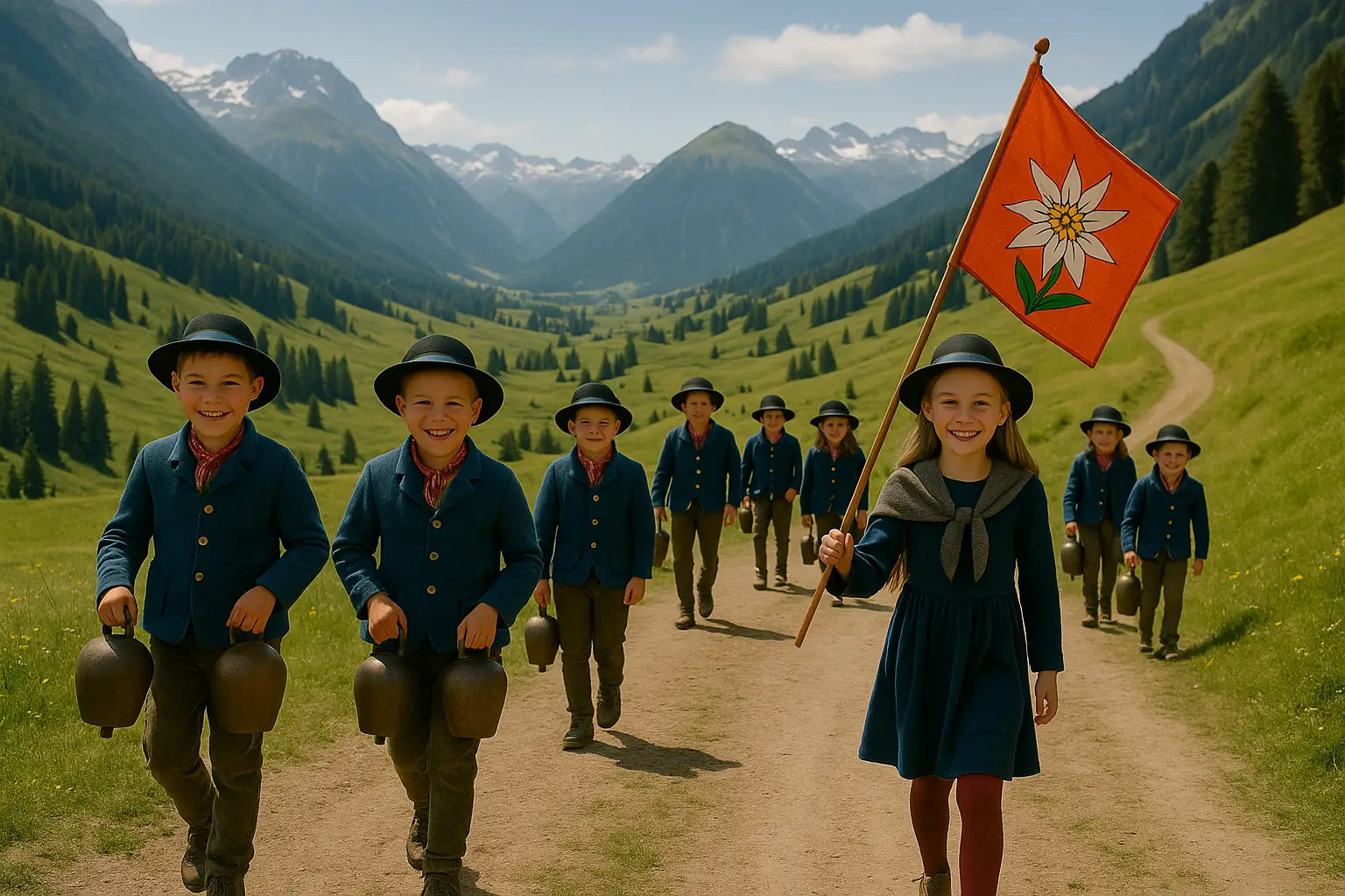 Jungen und Mädchen ziehen mit Flaggen und Glocken durch die Schweizer Berglandschaft