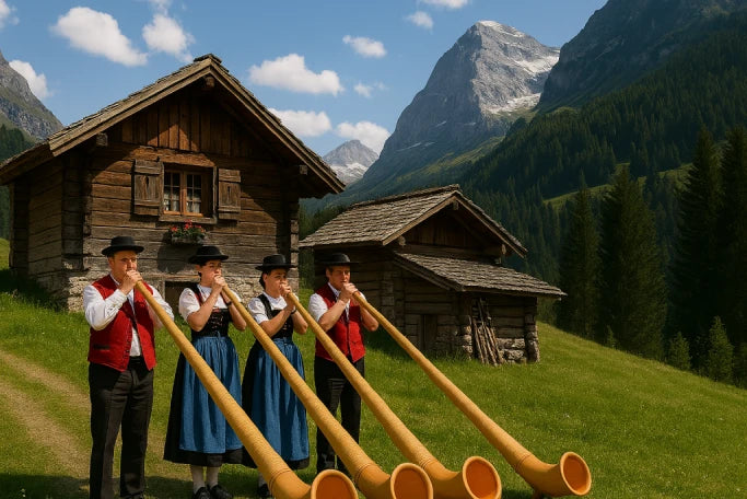 Alphornspieler in traditionellen Hüten, Jacken und Trachten blasen ihre Instrumente im Freien.