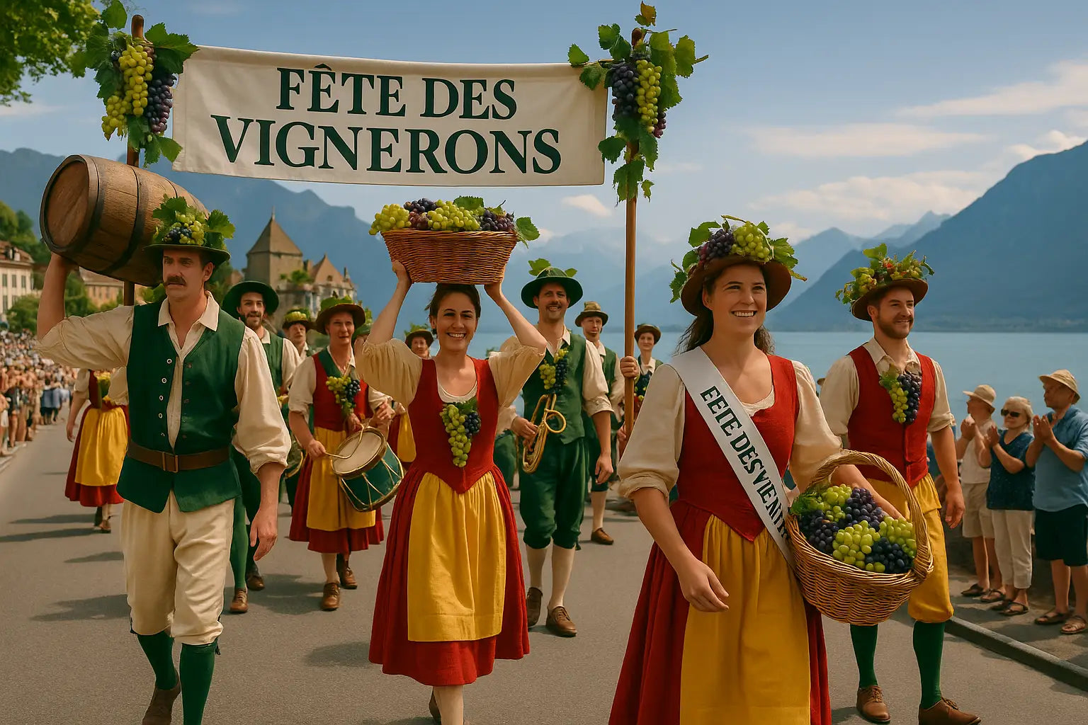 Festlich gekleidete Gruppen marschieren durch Vevey, begleitet von Musik und Gesang.