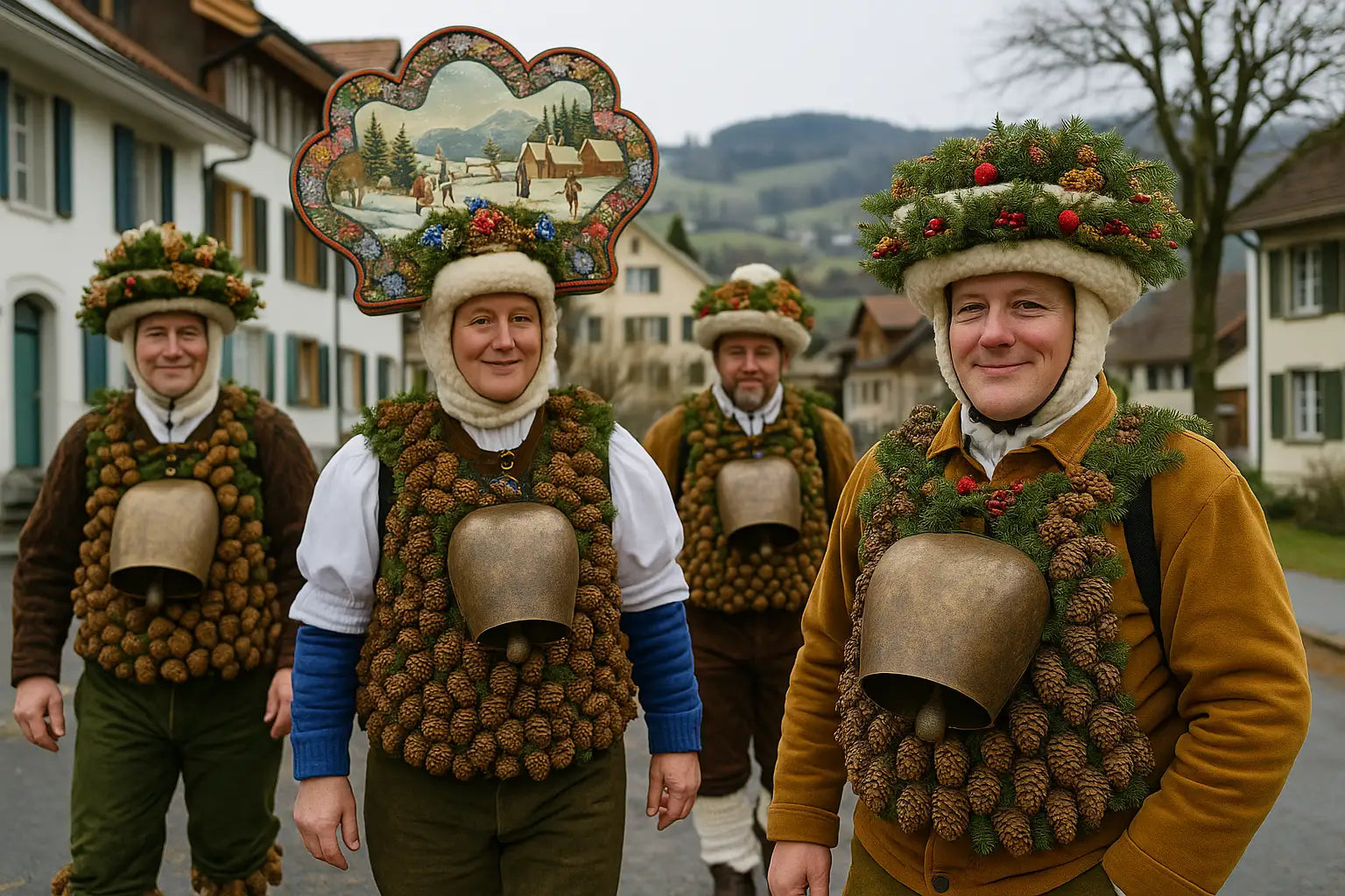 Silvesterchläuse in Appenzell mit dekorierten Hüten, Glocken und Tannenzapfenkostümen beim traditionellen Neujahrsbrauch