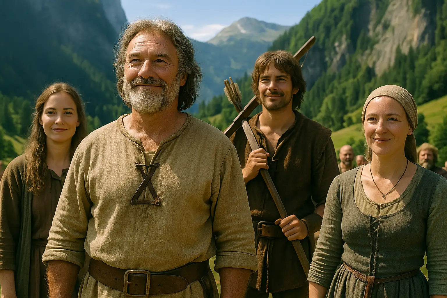 Mehrere Darsteller in historischen Kleidern begeben sich zu den Tellspielen.