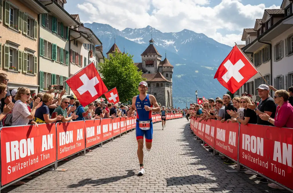 Internationale Teilnehmer beim Ironman Switzerland Thun mit Fahnen und Jubel im Zielbereich