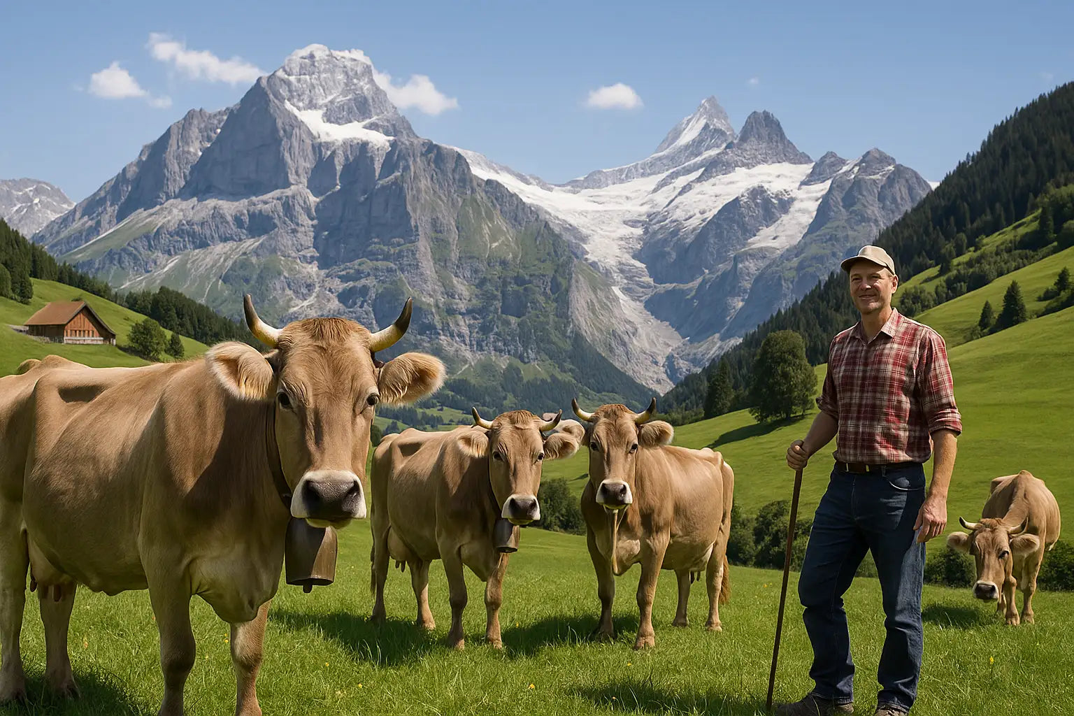 Bauer begleitet seine Braunviehherde auf einer Almwiese mit Hügeln und Bergen.
