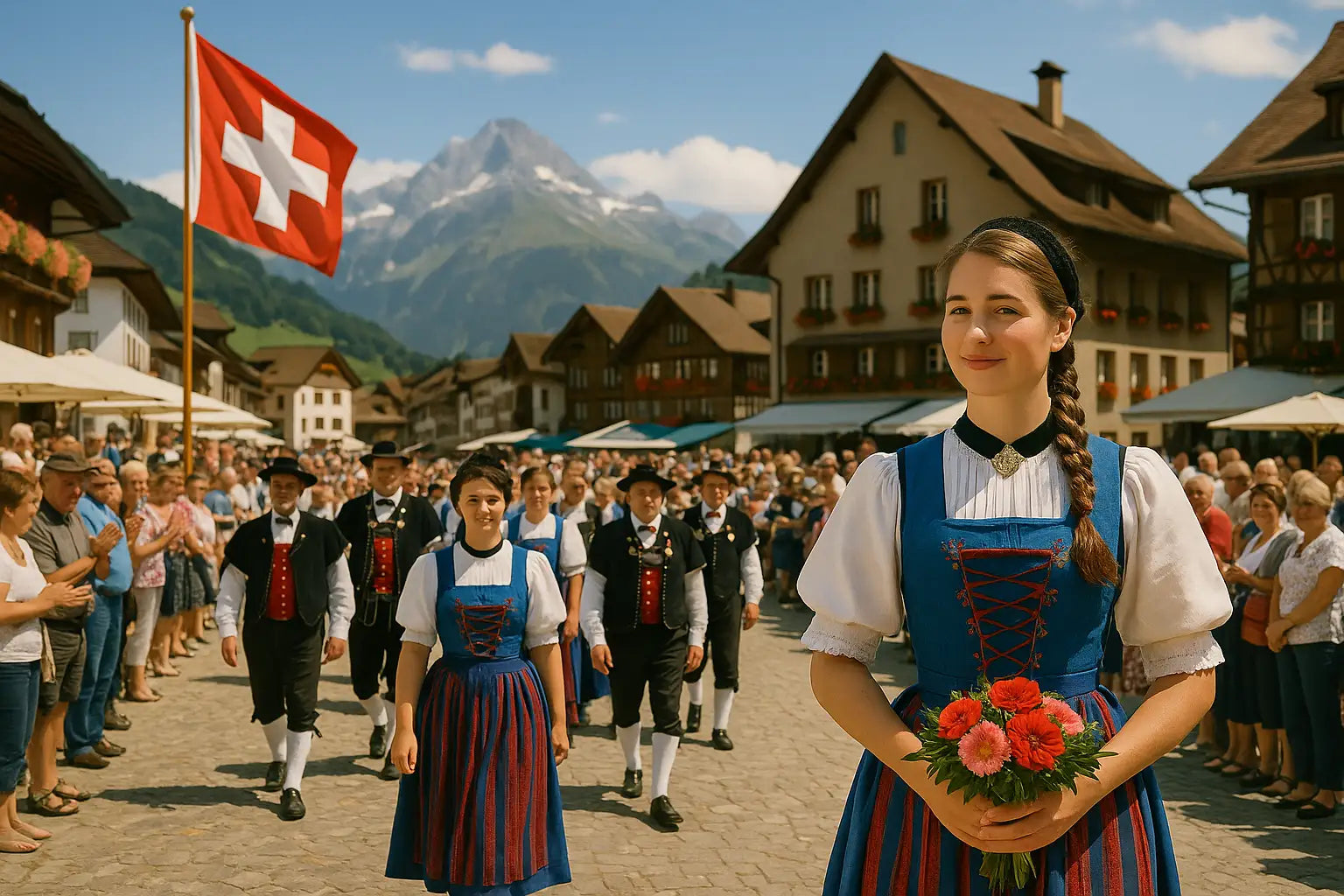 Frauen in historischen Trachten tragen Blumenkränze und marschieren vor Schweizer Gipfeln.