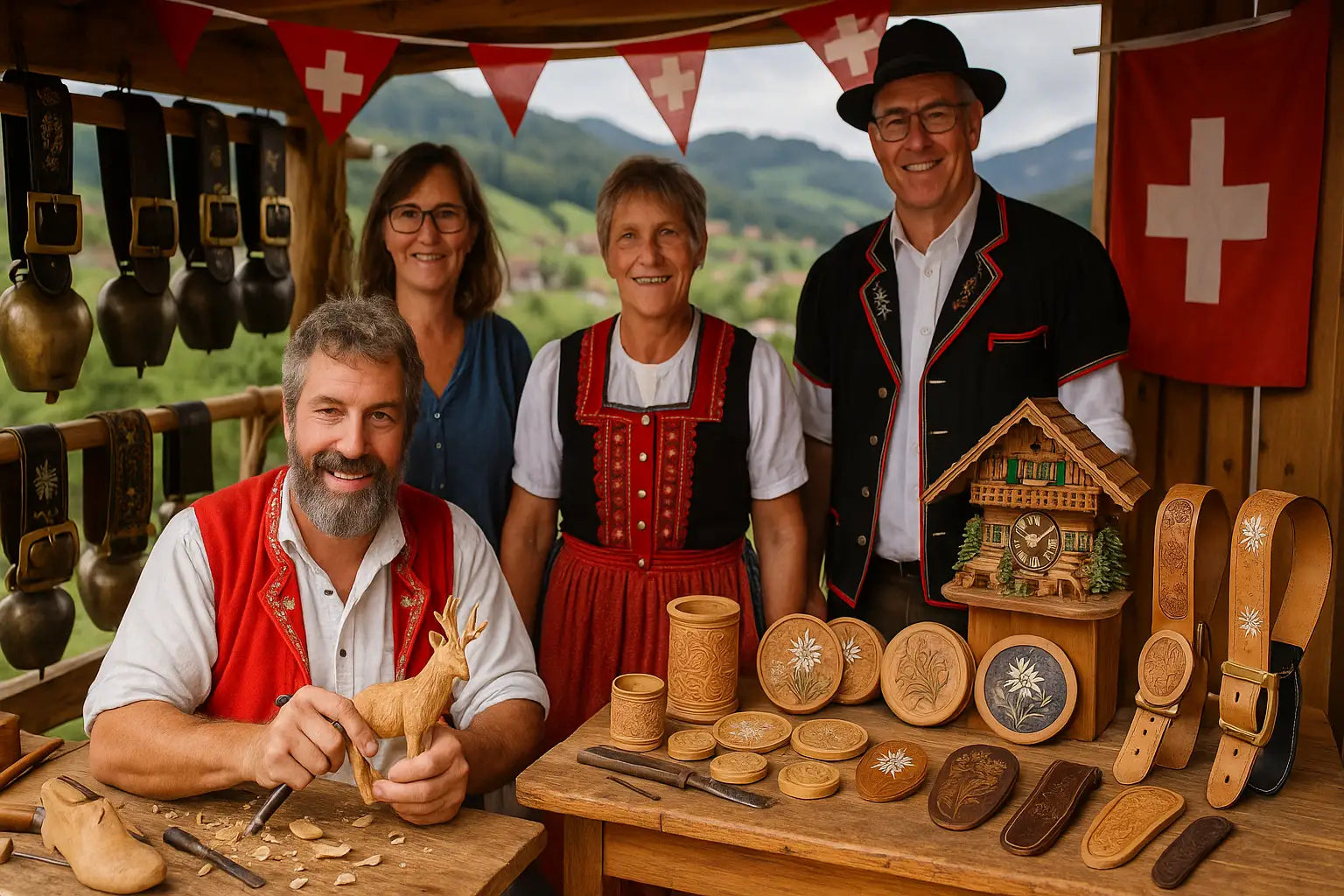 Gruppe von Schweizer Handwerkern in Tracht präsentiert traditionelle Holzschnitzereien, Glocken und kunstvolle Lederarbeiten auf einem Handwerksmarkt