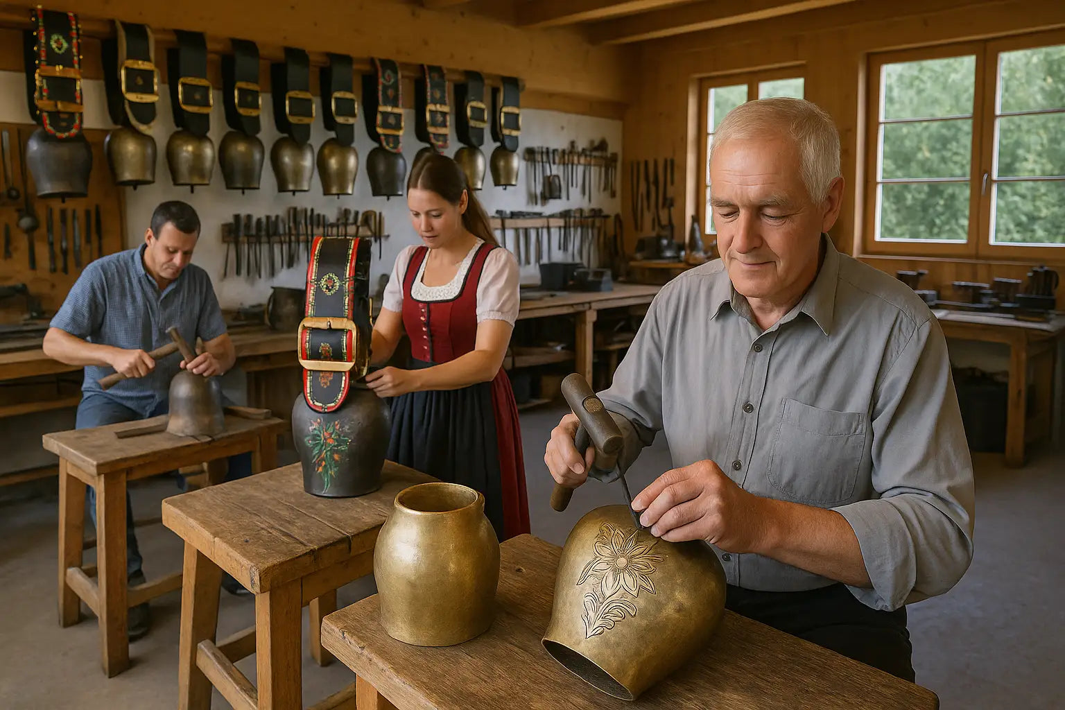 Handwerker in einer Schweizer Glockenschmiede bei der Herstellung und Verzierung traditioneller Kuhglocken mit Gravuren und Lederriemen