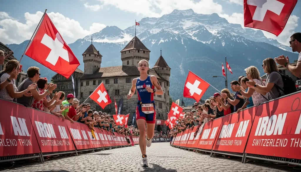 Erschöpfte, glückliche Triathleten überqueren die Ziellinie beim Ironman Thun in jubelnder Menge