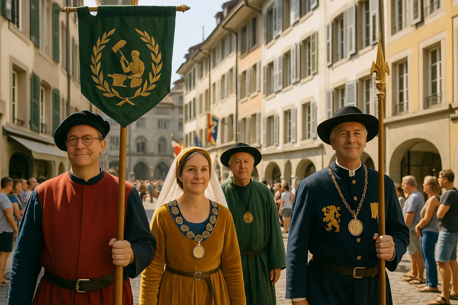 Zünfter in barocken und mittelalterlichen Trachten ziehen mit Fahnen an Zuschauern vorbei.