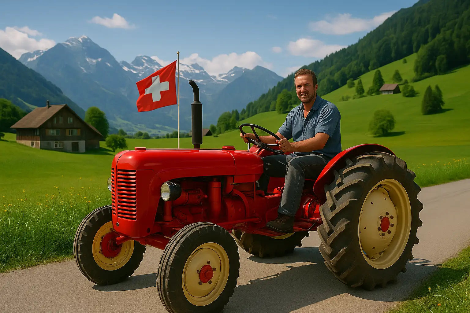 Roter Traktor in den Schweizer Alpen