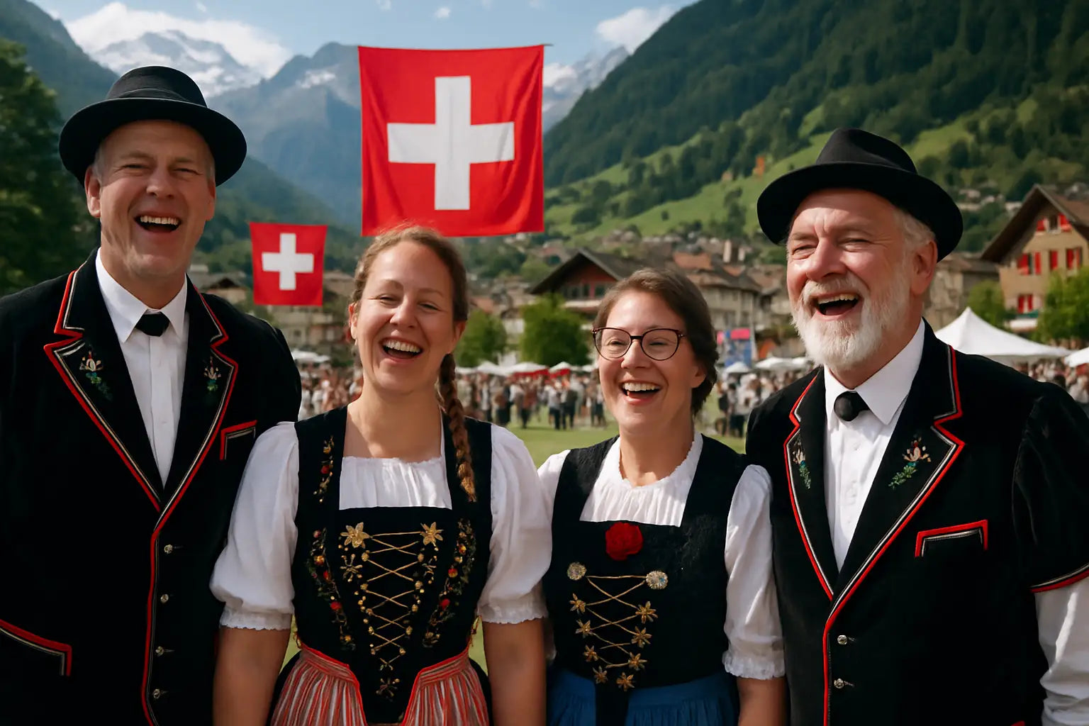Männer und Frauen in Trachten singen gemeinsam auf einem festlich geschmückten Jodlerfest in den Bergen