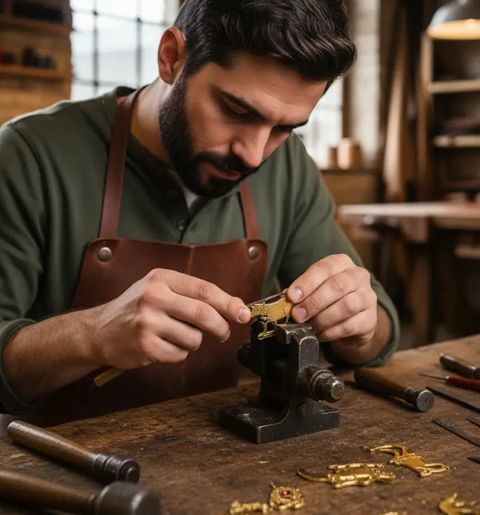 Handwerker bearbeitet goldene Gürtelbeschläge in der Edelvetica Werkstatt in der Schweiz, Detailarbeit am Ledergürtel