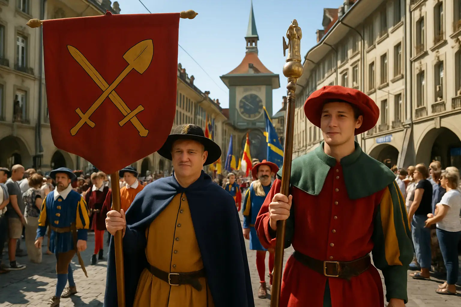 Männer und Frauen in traditionellen Zunfttrachten marschieren mit Fahnen und Instrumenten durch die Stadt.