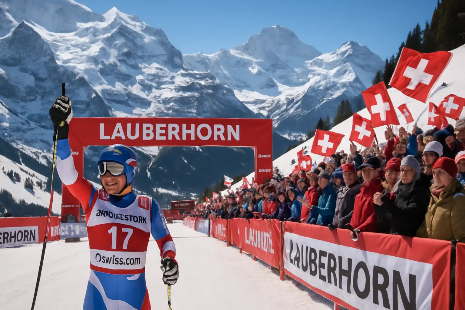 Ein Skirennläufer überquert jubelnd die Ziellinie vor tausenden Fans mit Schweizer Fahnen, die begeistert applaudieren und feiern.