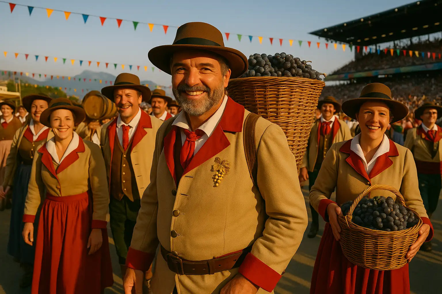 Die beleuchtete Arena der Fête des Vignerons erstrahlt bei einer abendlichen Darbietung voller Farben und Musik.