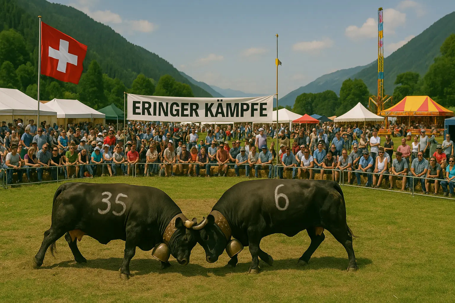 Menschenmenge sitzt auf Tribünen und schaut konzentriert den Kuhkämpfen zu.