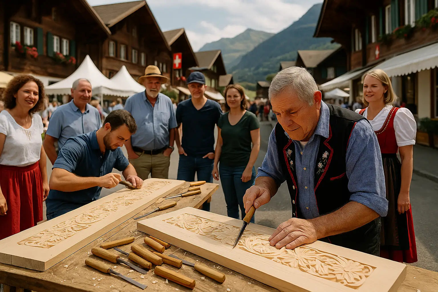 Zwei Handwerker beim traditionellen Holzschnitzen in der Schweiz, umgeben von Zuschauern an einem Handwerksmarkt im Alpen-Dorf