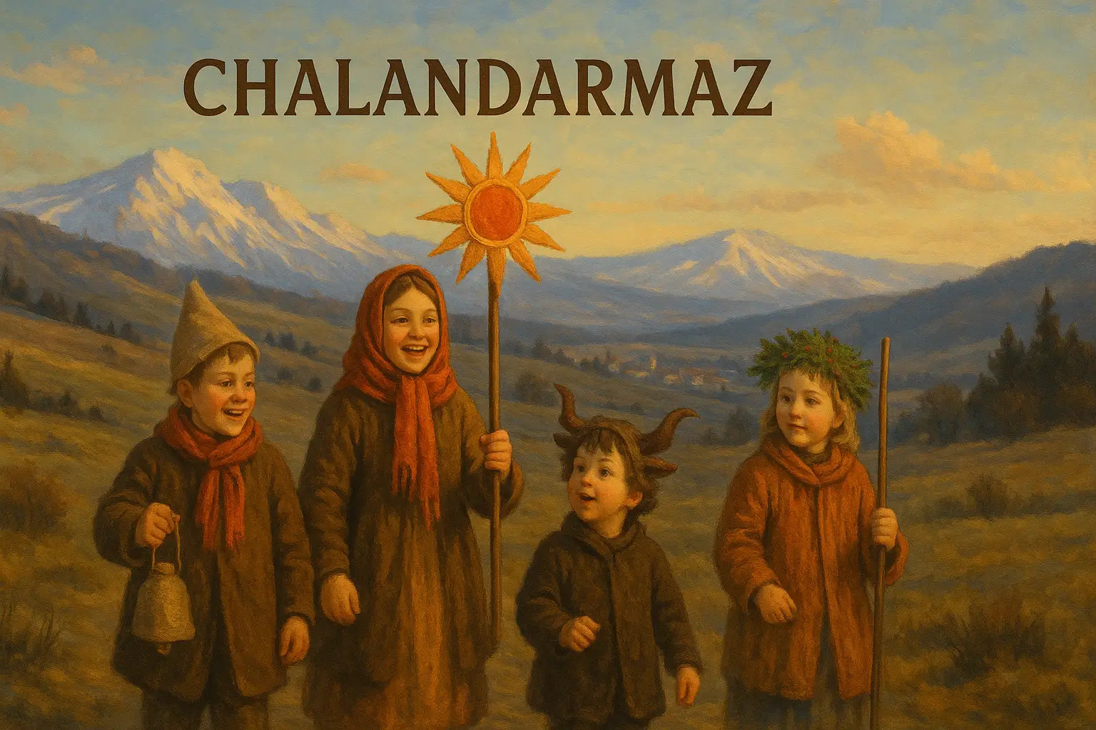 Ein gemaltes bild darauf zu sehen sind vier Kinder beim Chalandamarz Umzug