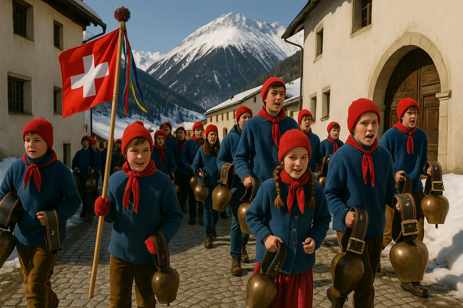 Gruppe von Kindern und Jugendlichen marschiert mit Kuhglocken und roten Mützen durch ein verschneites Dorf.
