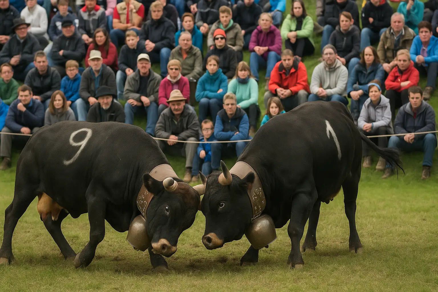 Zuschauer verfolgen gespannt, wie zwei schwarze Kühe im Ring ihre Kräfte messen.