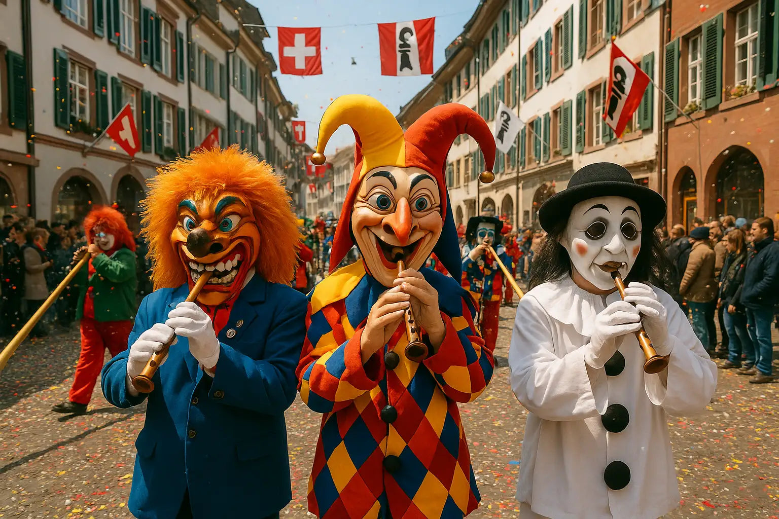 Musikanten in bunten Kostümen spielen Trommeln und Blasinstrumente auf den Straßen.