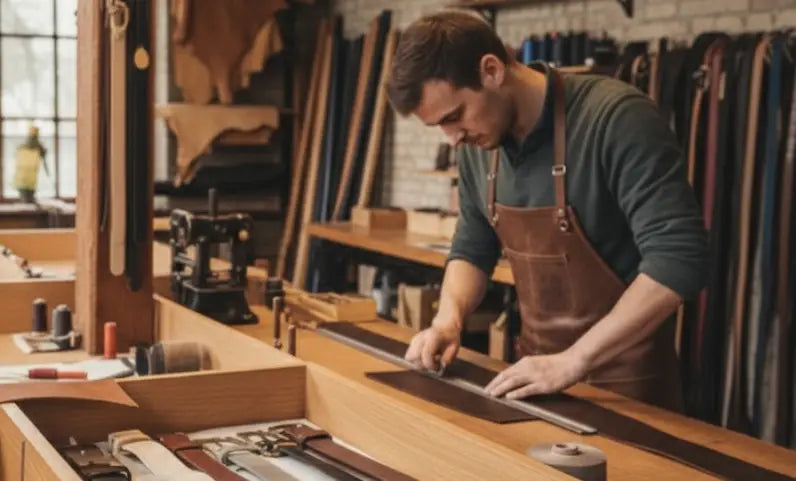 Handwerker schneidet Leder für Appenzeller Gürtel in der Edelvetica Manufaktur in der Schweiz, traditionelle Werkstatt mit Lederrollen