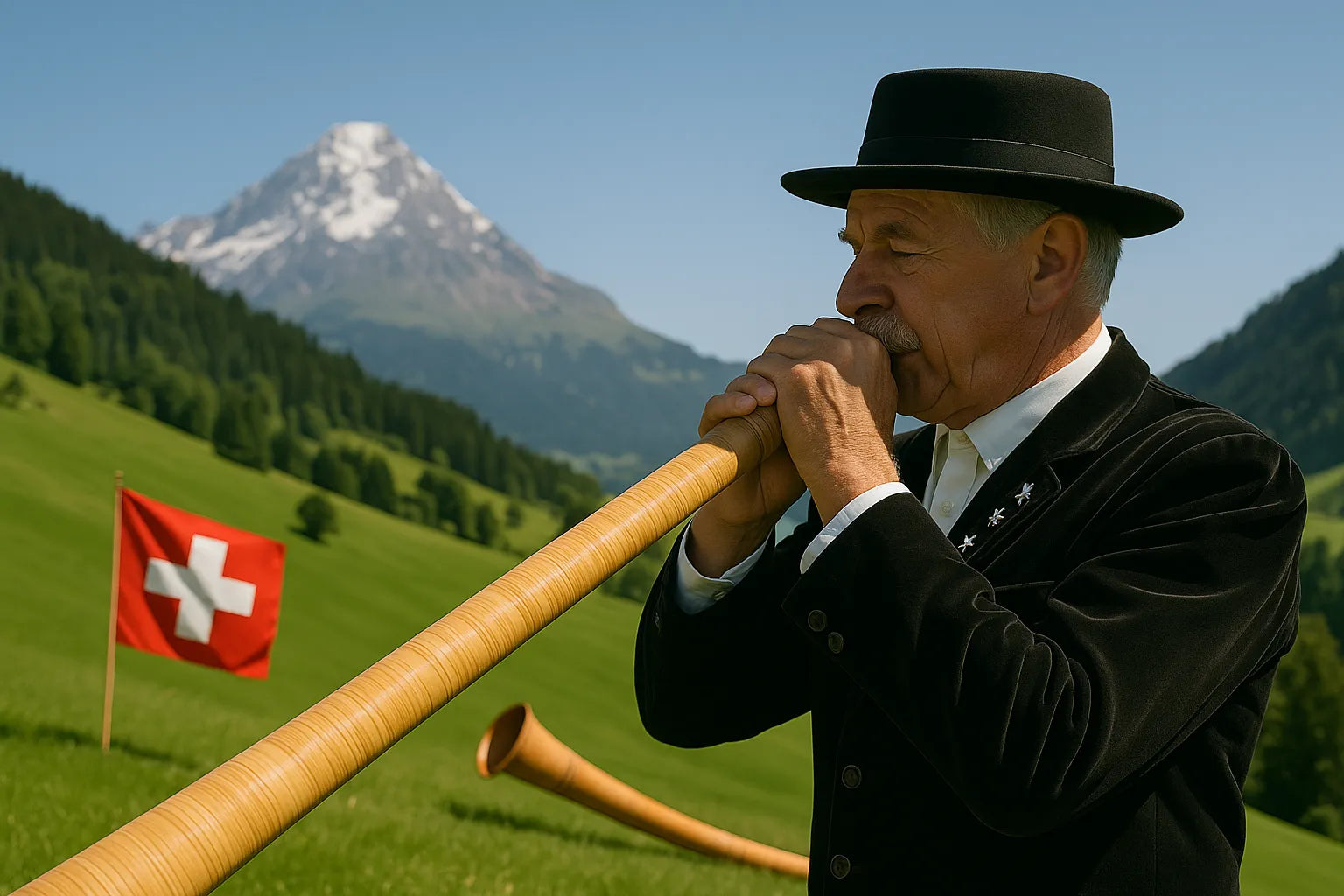 Musiker steht auf einer Bergwiese und spielt das Alphorn in die Weite.