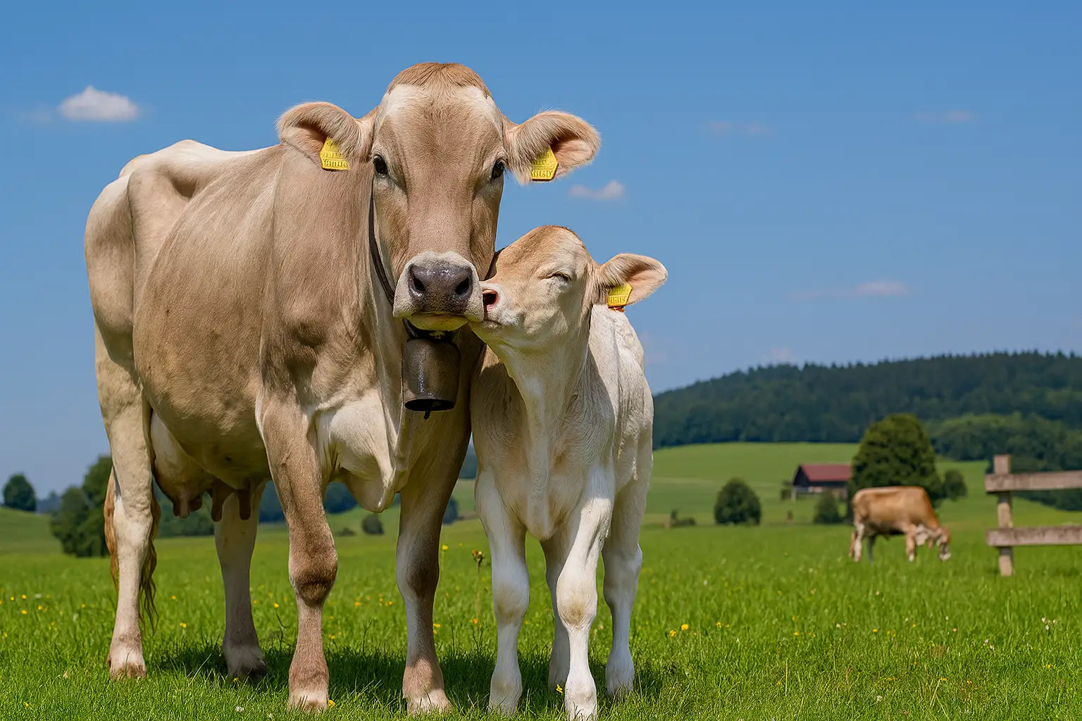 Ein kleines Kalb steht eng bei seiner Braunviehmutter auf einer grünen Weide.