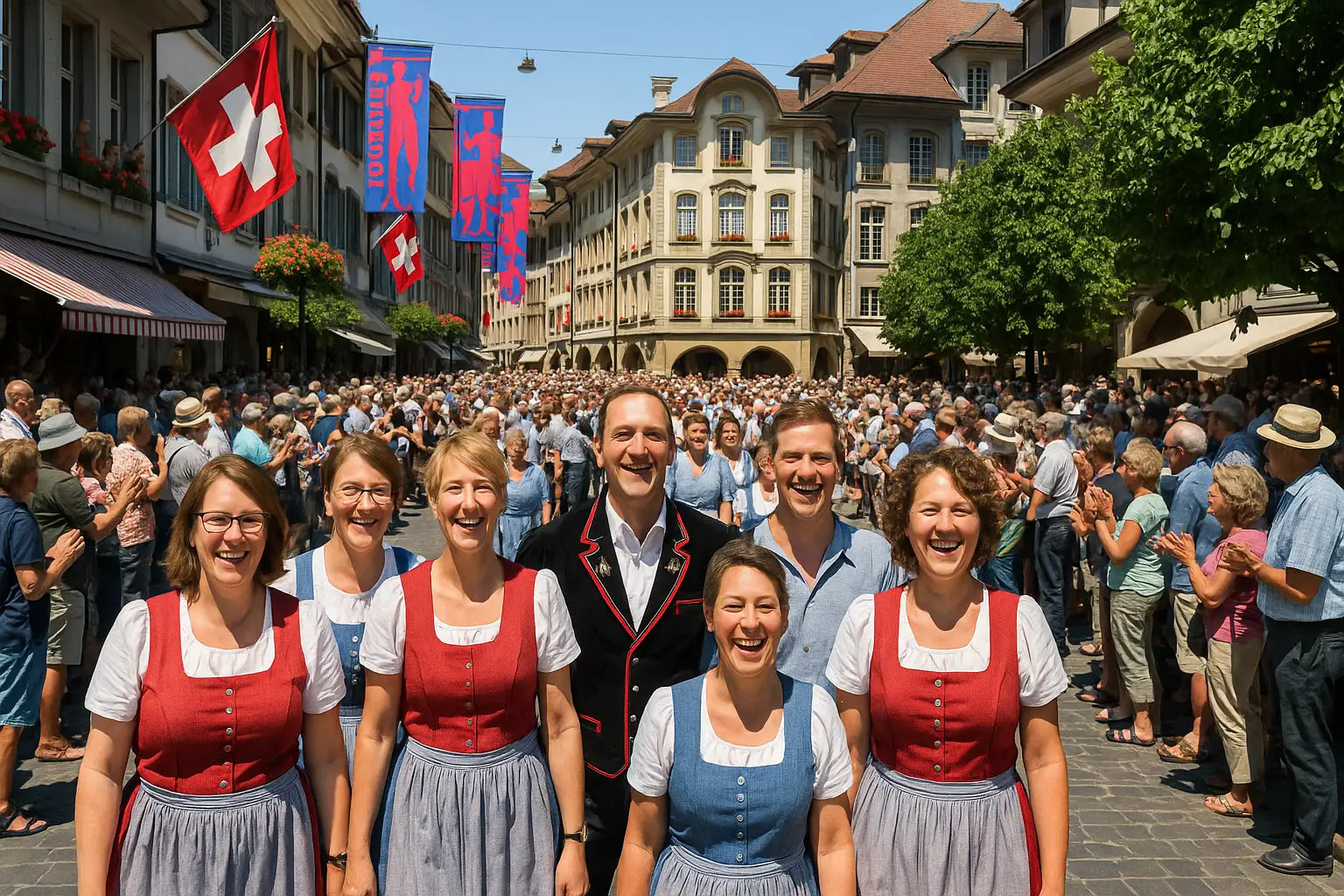 Teilnehmer in farbenfrohen traditionellen Kleidern und Trachten marschieren durch die Straßen.